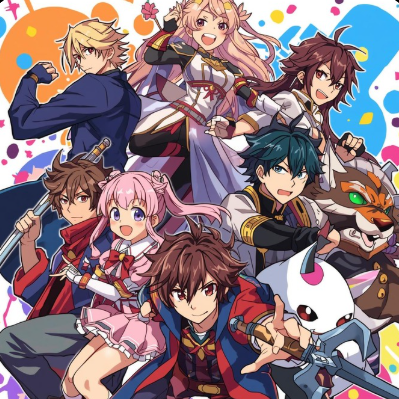 Group of animated characters in colorful poses with a vibrant background