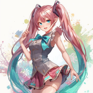 Animated character with pink and blue hair in a colorful outfit against a light background